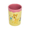 top view of pale yellow and mauve juice glass with deer and floral print
