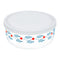 glass storage bowl with white lid and orange leaf red and blue flower design