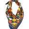 tied and folded navy square bandana with 70's folk print