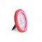 side view of red round photo frame with pink scalloped interior