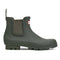 side view of short green rubber rain boots with tonal elastic on the sides and hunter logo on the front