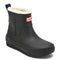 front view of black short rubber rain boots with cream insulated interiors
