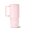 back view of light pink 20 oz tumbler with handle