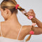 model wearing set of 5 cherry print and solid pink blossom ruched satin scrunchies