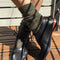 model wearing olive green mohair crew socks with black flats