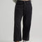model wearing black loose crop button fly jeans