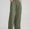 model wearing olive green slouch chino pants with pleated front