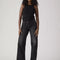 model wearing low rise washed black wide leg jeans 