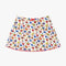 white cotton mini skirt with red lettuce trim, red bow front, and retro primary color floral print