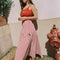 side view of model wearing red and white gingham midi skirt