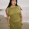 model wearing cropped olive crinkle button front tank with various shaped shell buttons