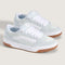 sideview of light blue and white puffy vans sneakers with white and tan soles