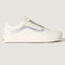 side view of white sneaker with silver metallic laces and iconic stripe