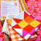 opened pink, yellow and cream DIY mini quilt kit