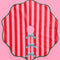 pink and red stripe tree skirt with three baby blue bows down the front and kelly green trim laying flat