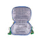 silver interior of white quilted lunch bag with all over charcuterie print with green and blue trim 
