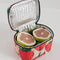 baggu puffy lunch bag with pink ground and all over strawberry print filled with fruit